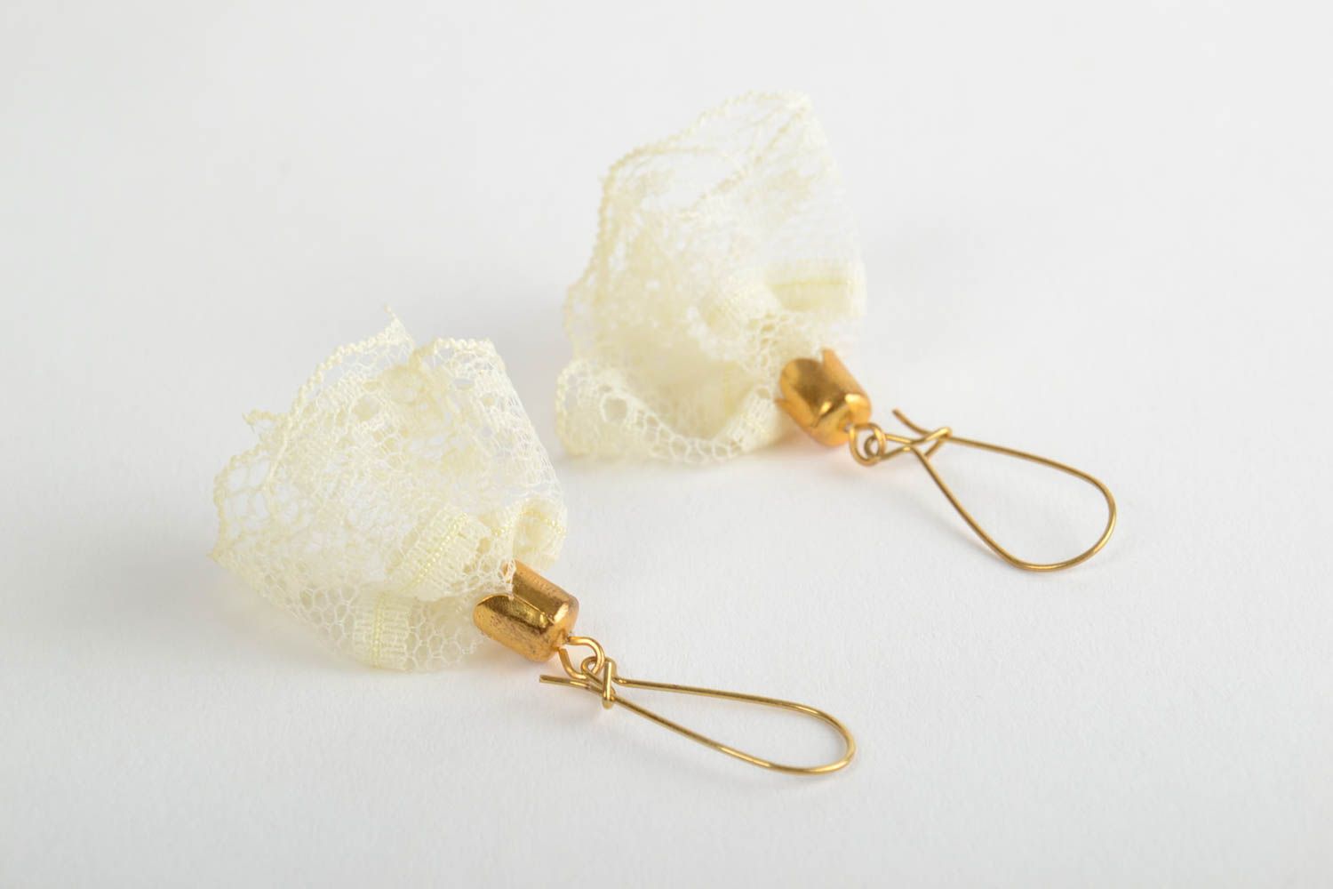 Handmade light festive lace dangling earrings with golden colored ear wires photo 4