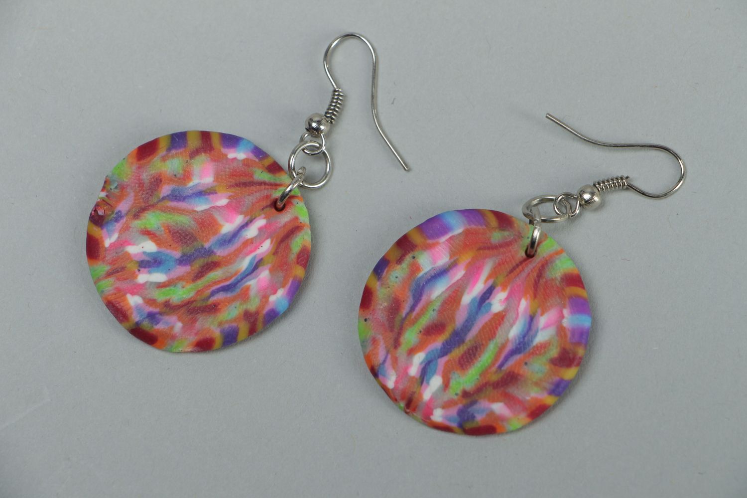 Bright color polymer clay round earrings photo 1