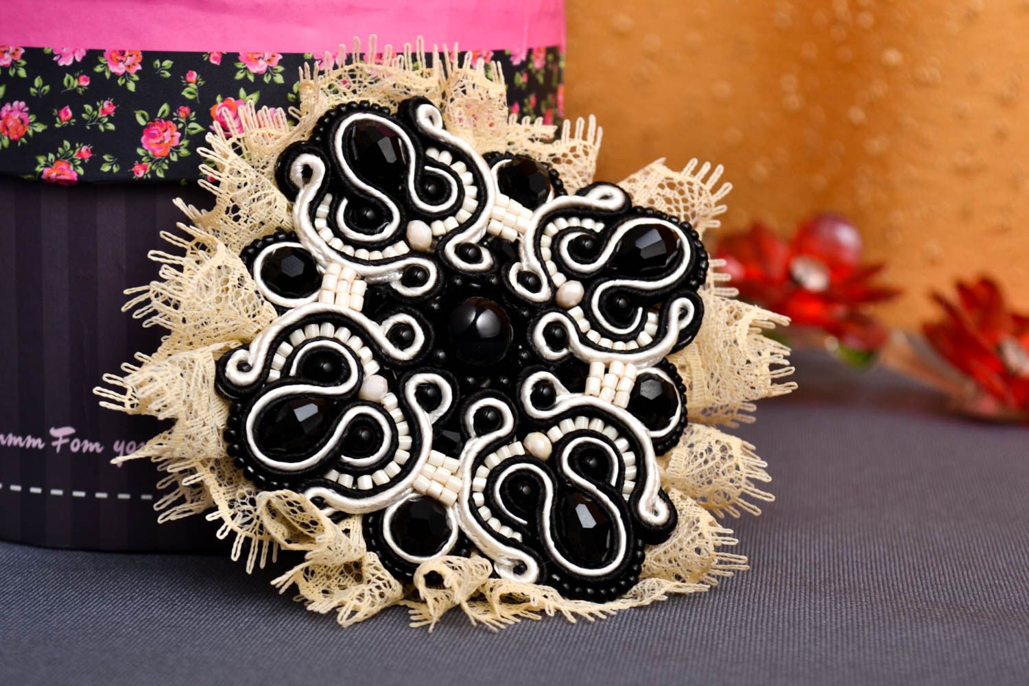 Handmade soutache brooch embroidered brooch handmade jewelry stylish accessories photo 1