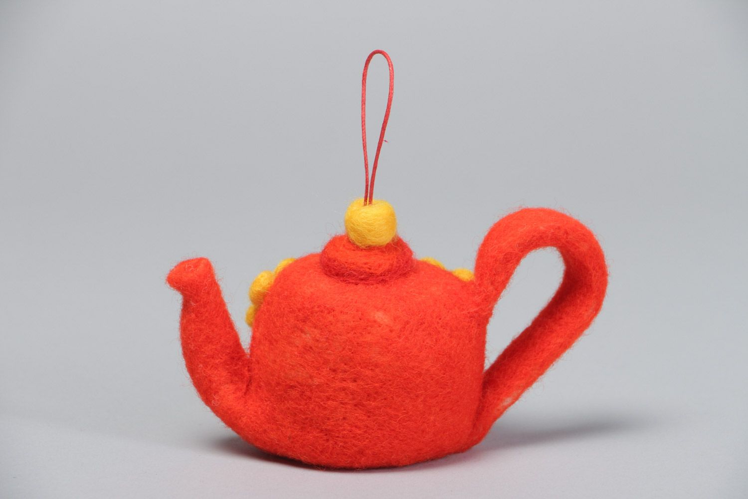 Handmade designer soft toy felted of wood Red Teapot with eyelet for hanging photo 3