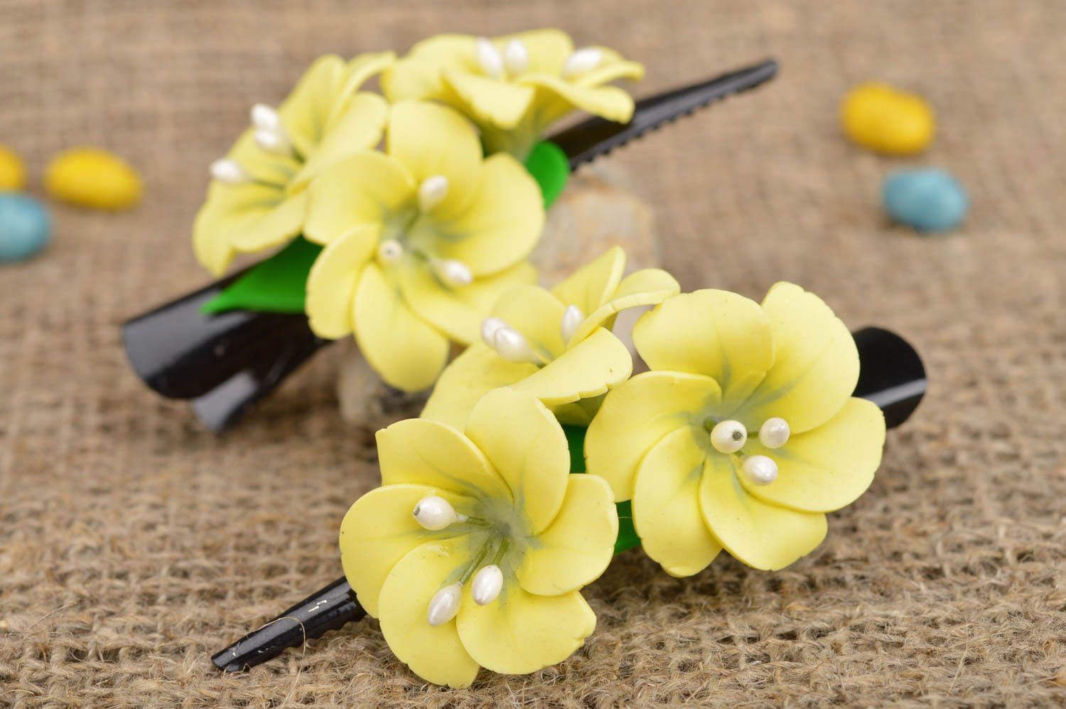 Set of 2 designer handmade metal hair clips with yellow polymer clay flowers photo 1
