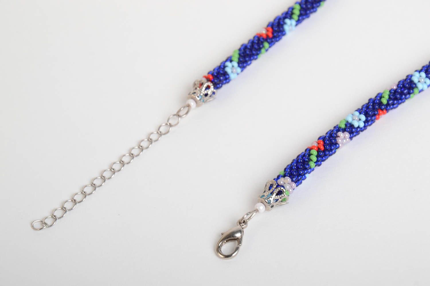Handmade Rocailles Kette Damen Collier lange Halskette dunkelblau geblümt foto 3