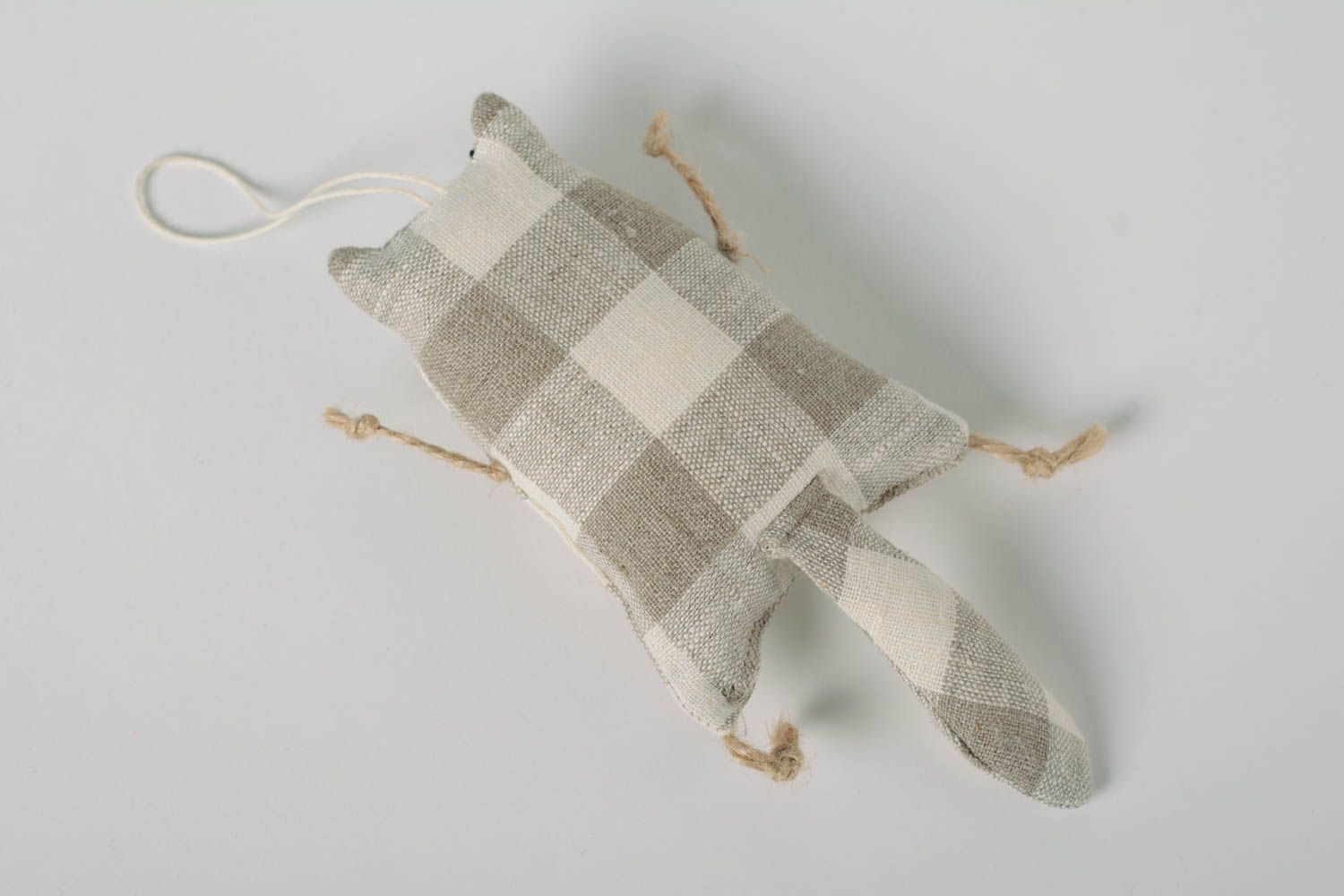 Handmade small soft toy sewn of gray checkered linen fabric cat wall hanging  photo 4