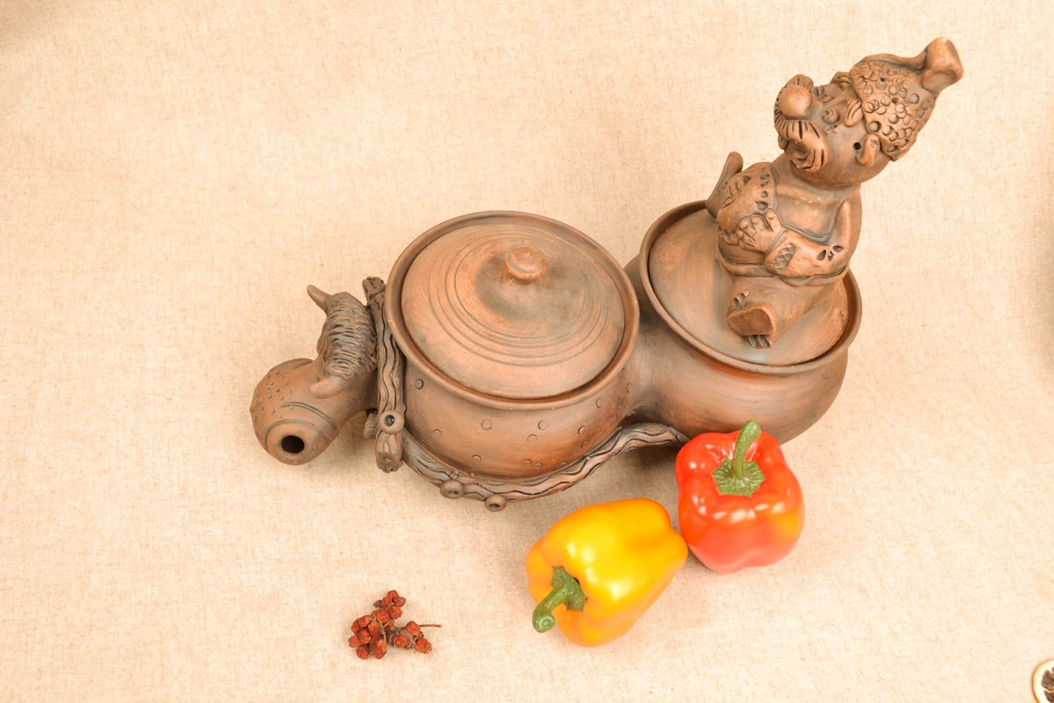 Ceramic two spice jars in the shape of a village wagon with the bull 5 lb photo 5