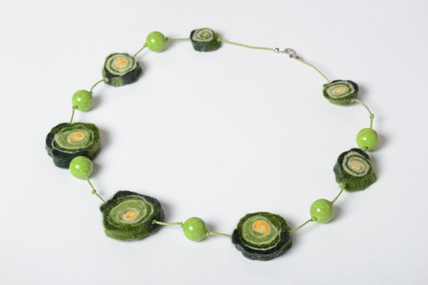 Beautiful green soft wool ball necklace created using wet felting technique photo 2