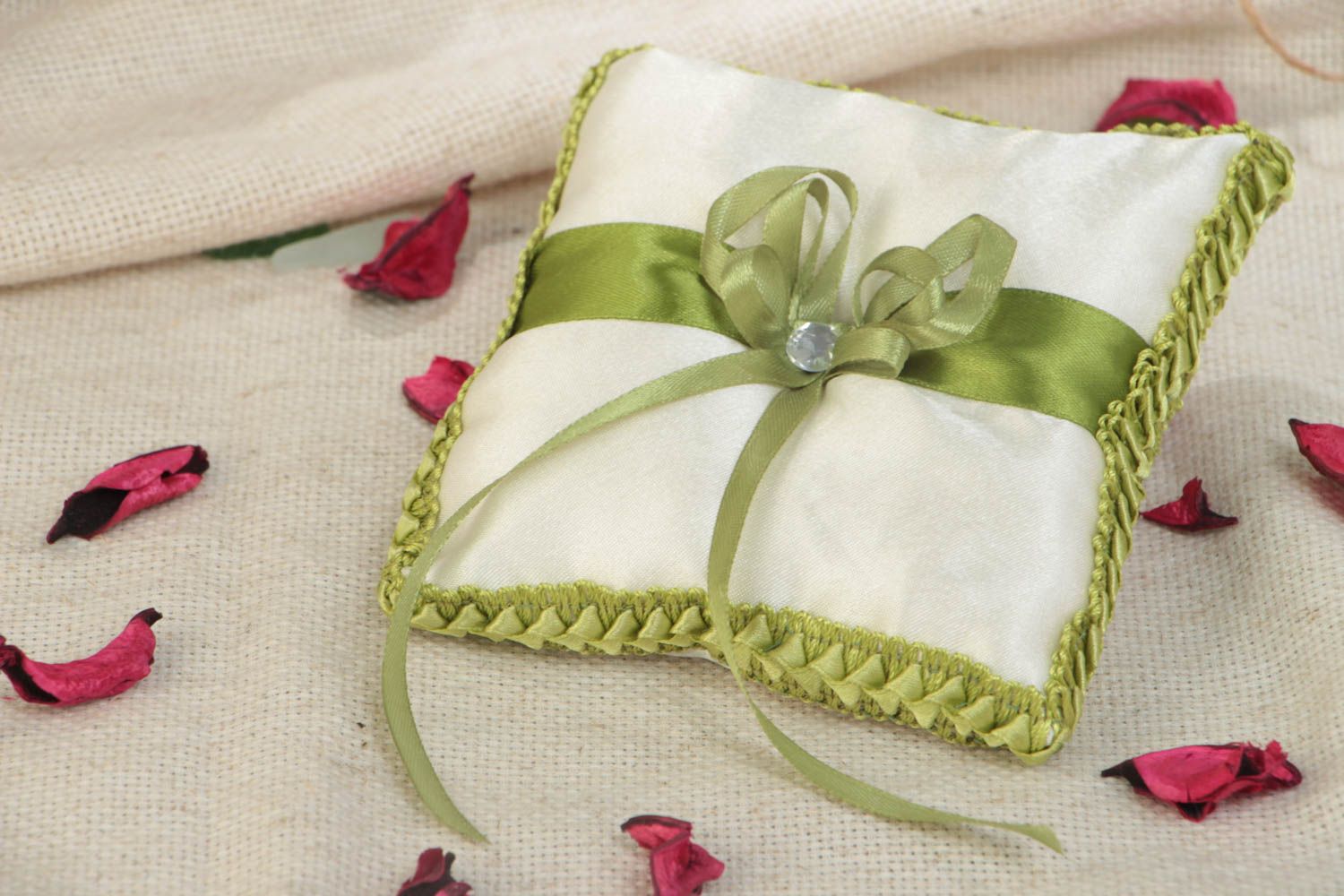 Handmade designer white and green satin fabric wedding rings pillow with bow photo 1