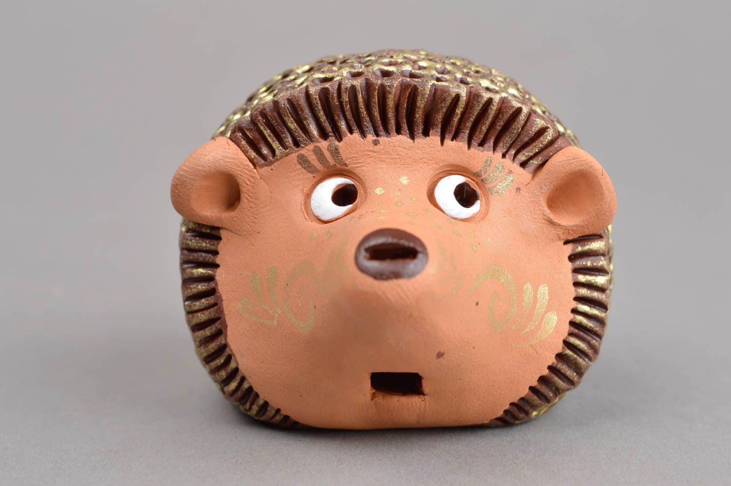 Handmade cute penny whistle toy in shape of hedgehog bright clay souvenir photo 2