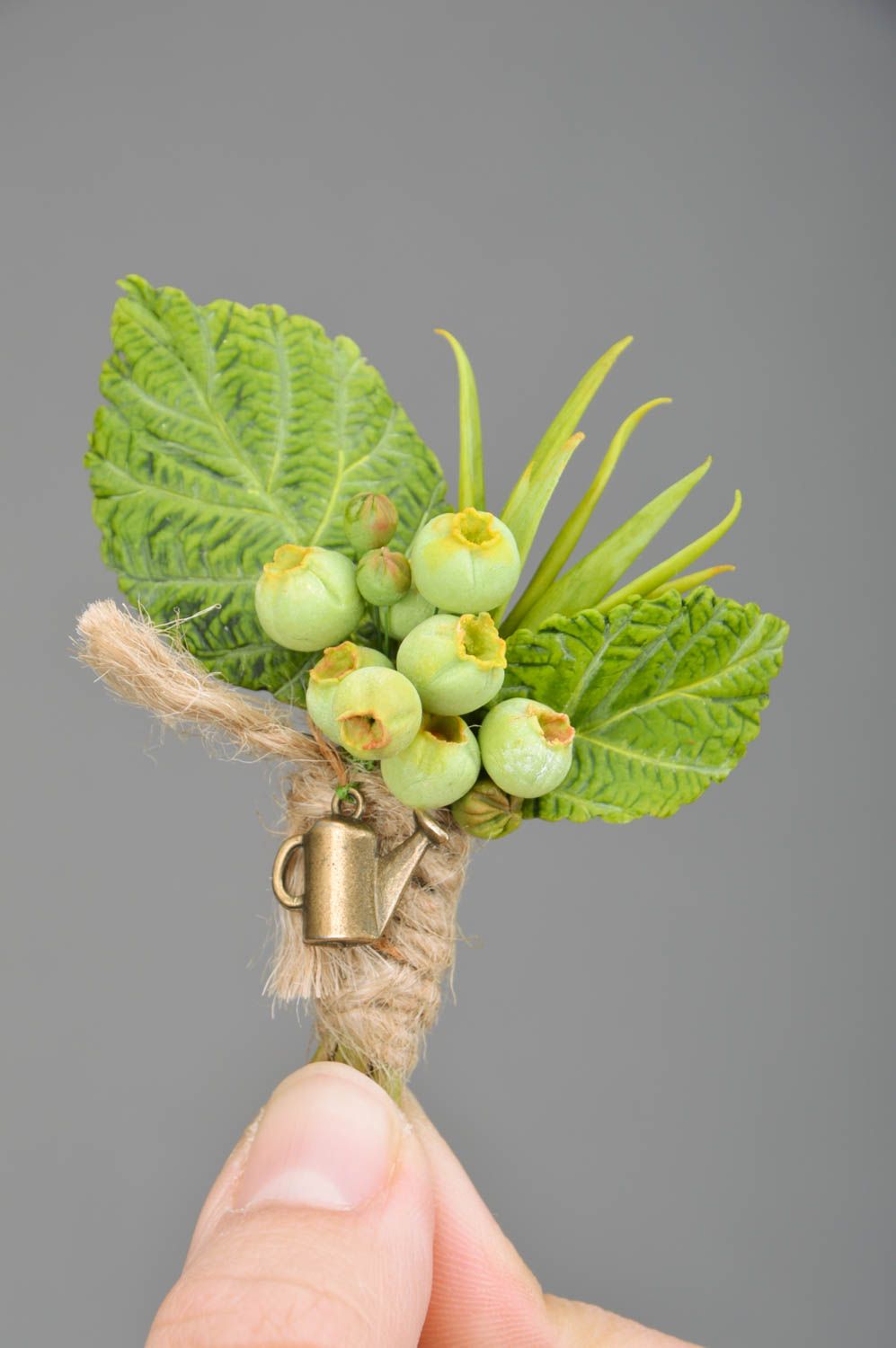 Handmade decorative boutonniere brooch with green berries stylish accessory photo 3