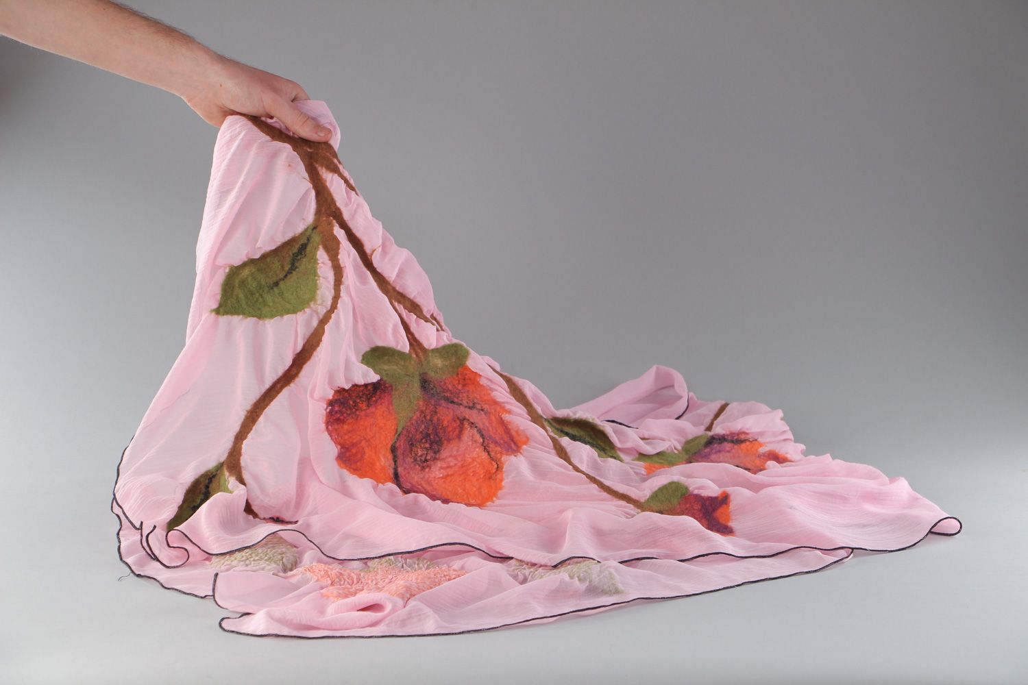 Handmade thin silk chiffon scarf with felted elements of pink color for women photo 4