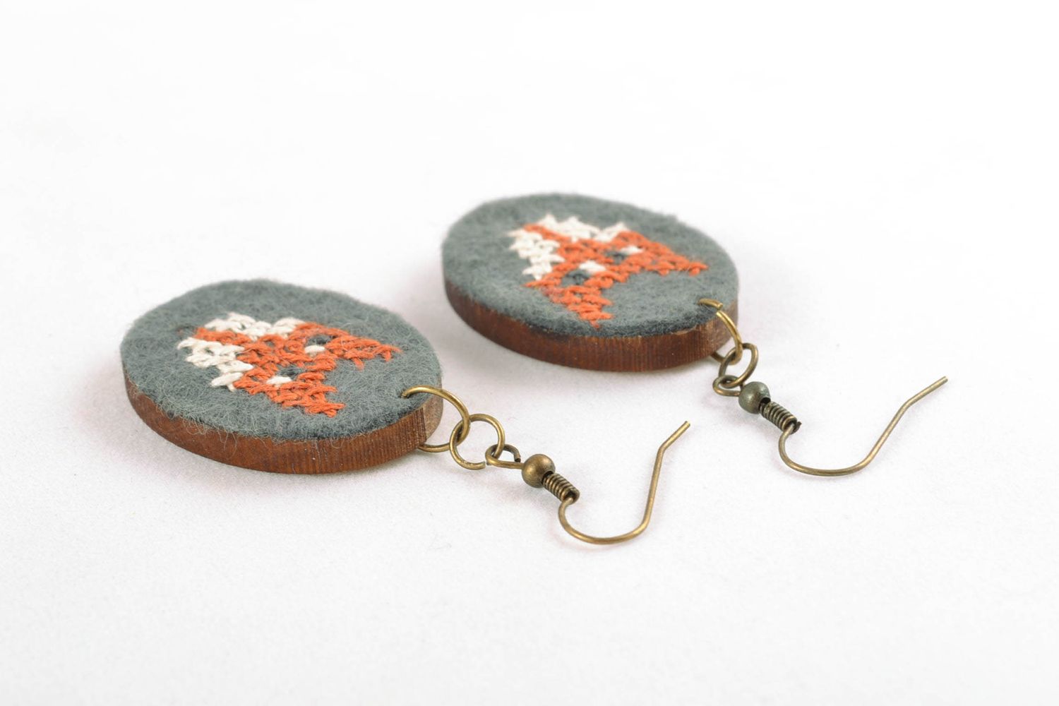 Handmade wooden earrings with embroidery Fox photo 5