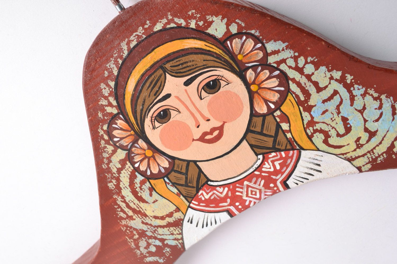 Handmade decorative wooden clothes hanger with painting in Slavic ethnic style photo 4