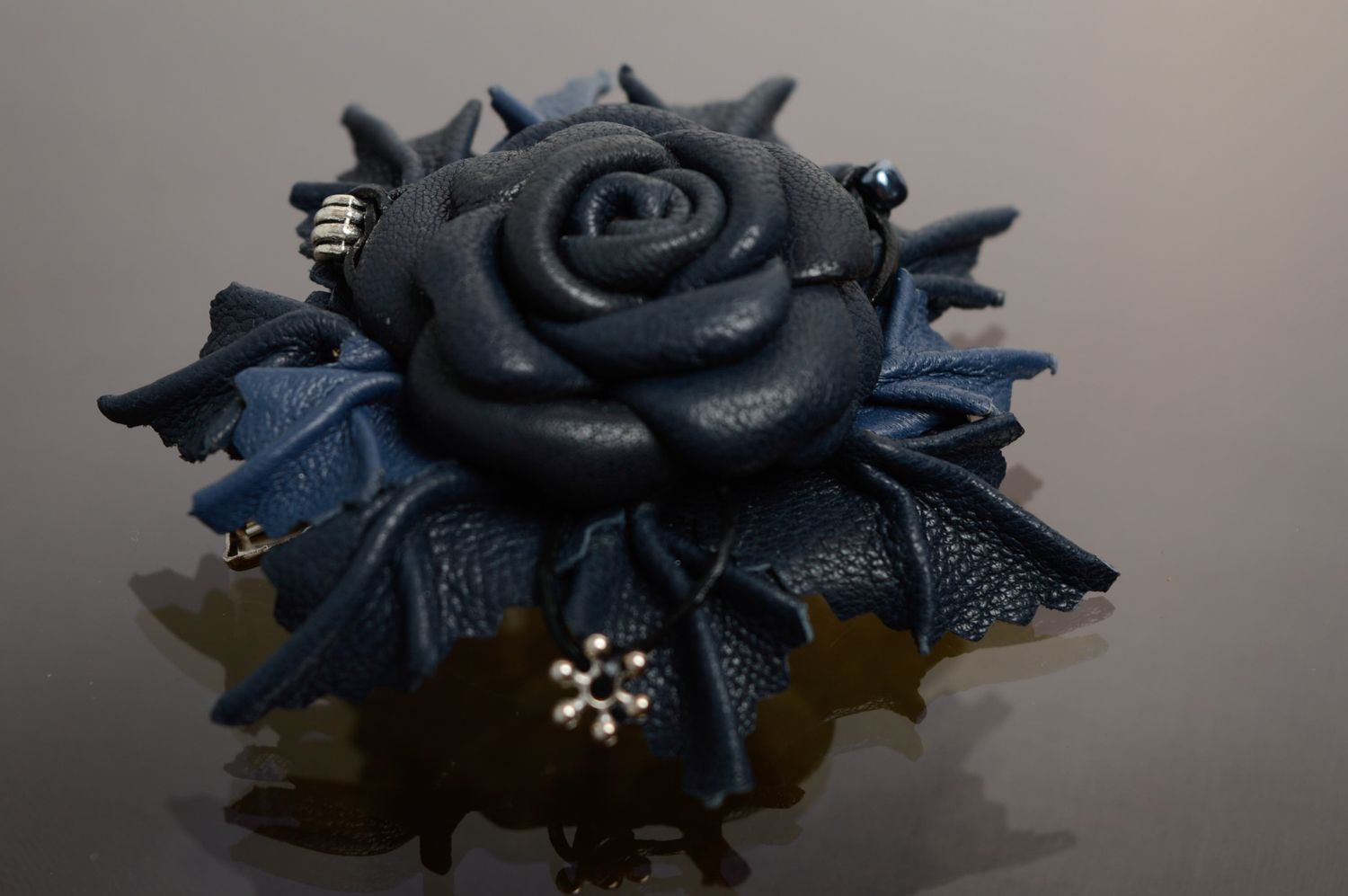 Handmade genuine leather brooch-hair clip Blue Rose photo 1