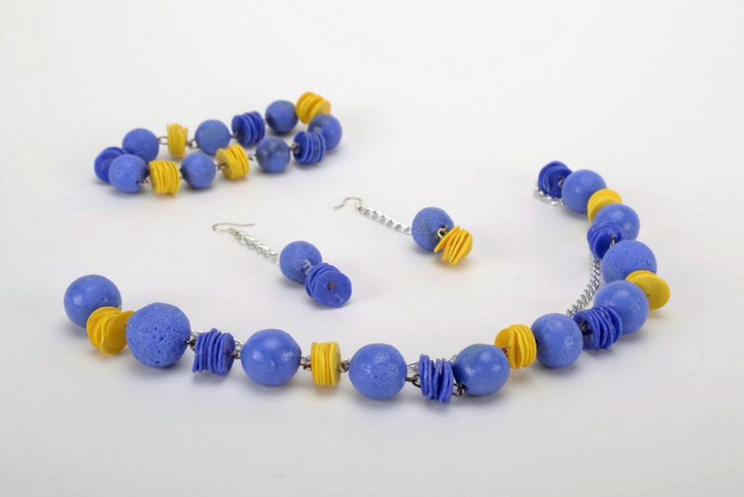 Jewelry set made from polymeric clay: necklace, bracelet and earrings photo 1