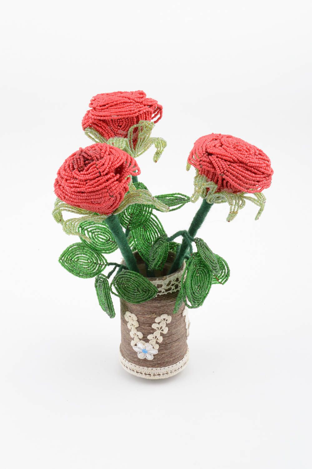 Стеклянная ваза с цветами из бисера ручной работы авторская красивая Букет роз фото 3