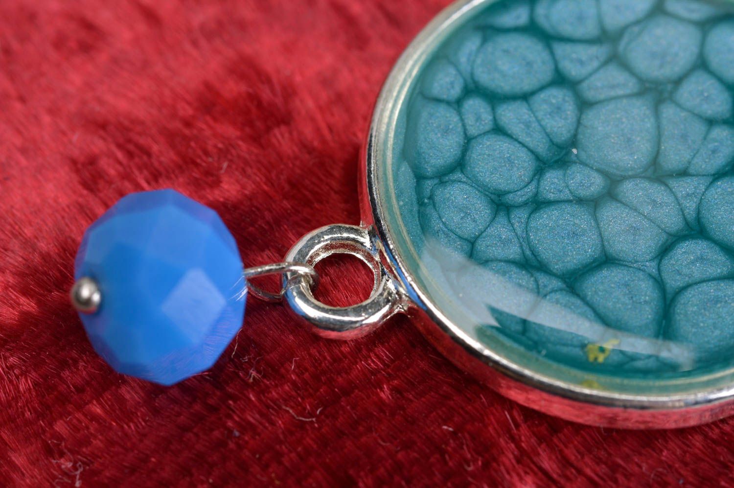 Blue handmade decoupage earrings with jewelry resin and bead photo 2