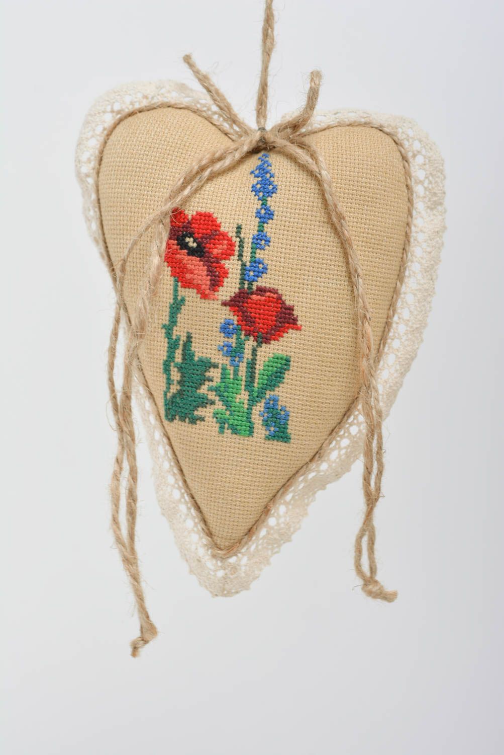 Handmade decorative wall hanging soft fabric heart with embroidered poppies photo 3