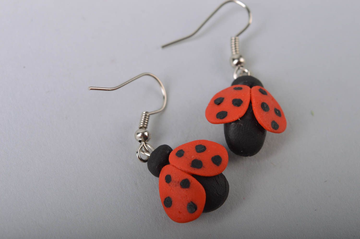 Handmade designer cute dangle earrings with cold porcelain ladybugs  photo 3
