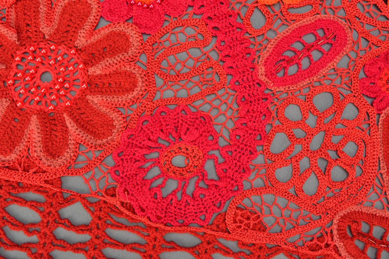 Woolen crochet lace shawl of red color photo 4