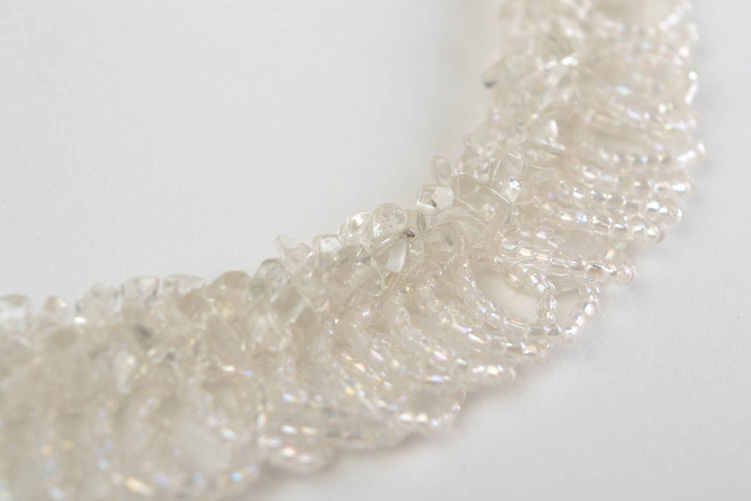Unusual handmade designer white necklace woven of Czech beads   photo 4