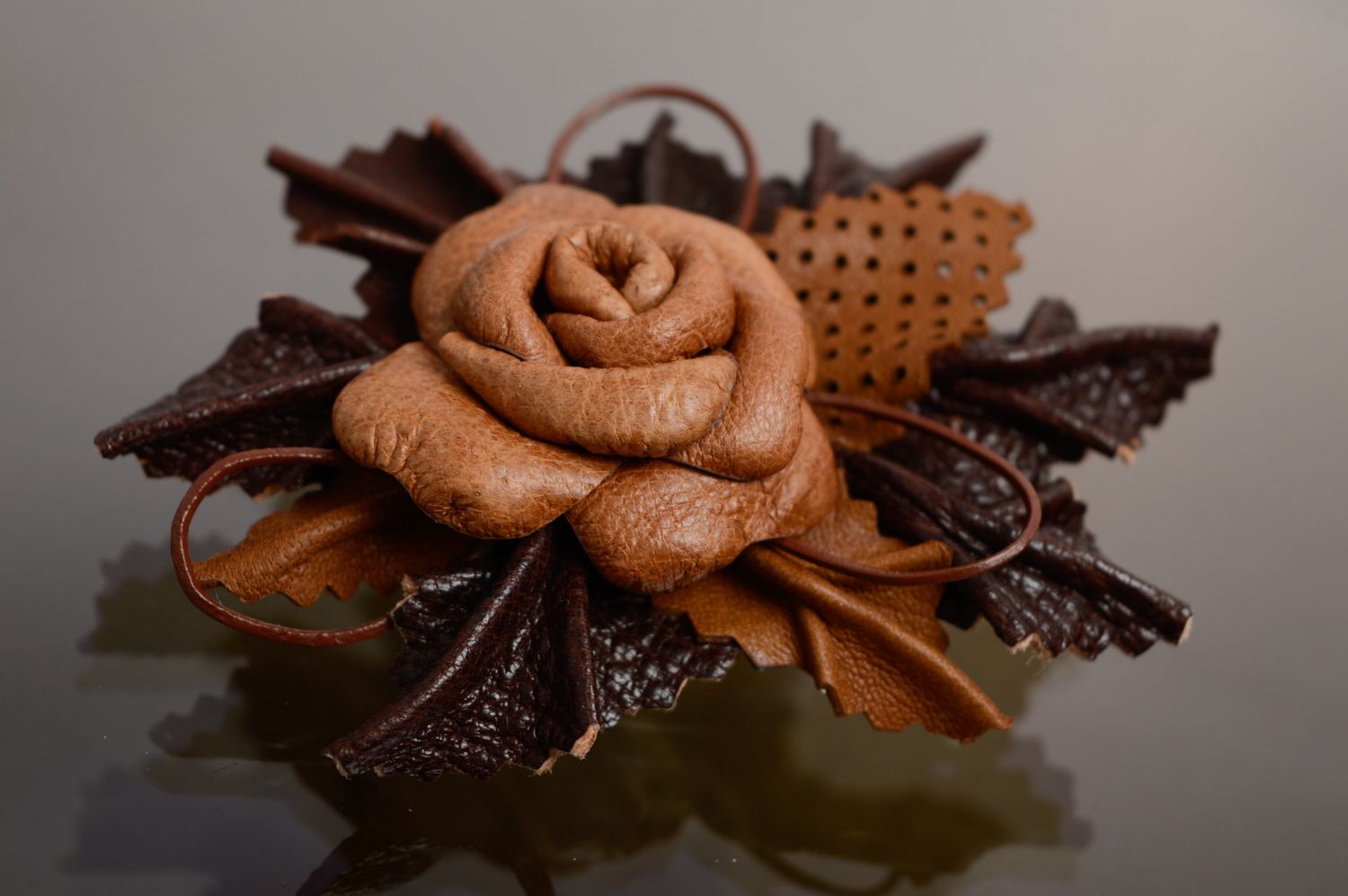 Handmade genuine leather brooch-hair clip Coffee Rose photo 1