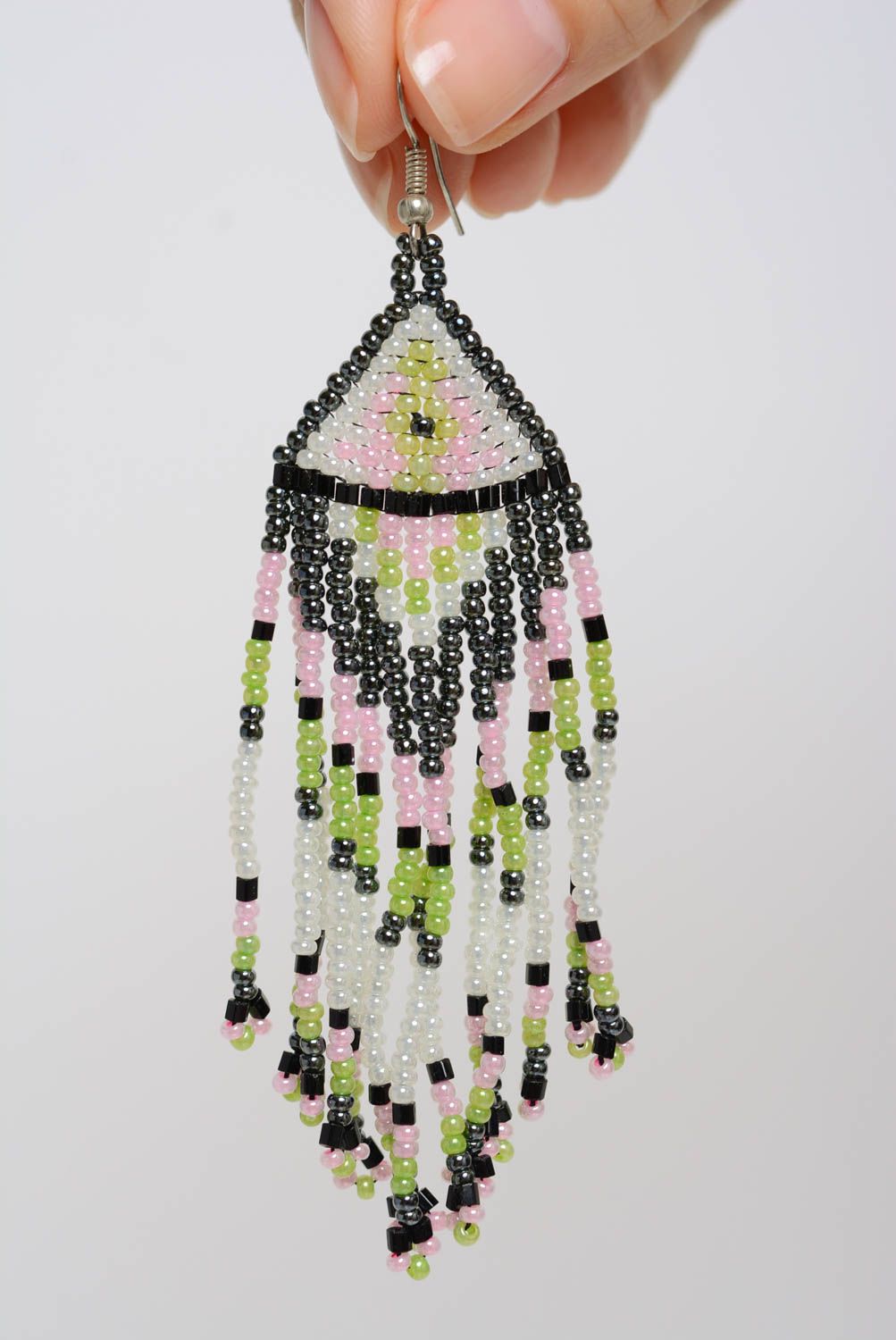 Unusual light beautiful handmade beaded earrings with fringe in ethnic style photo 3