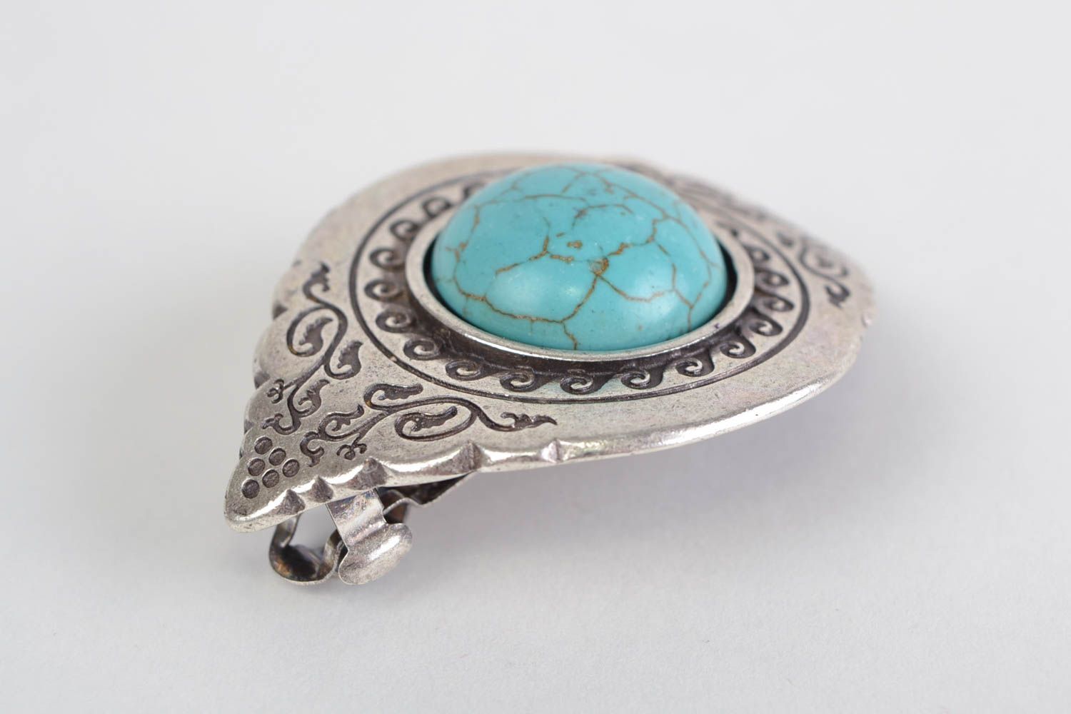 Handmade designer decorative metal hair clip with natural turquoise stone photo 4
