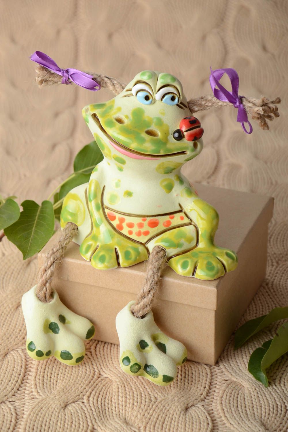 Handmade Keramik Spardose Frosch mit Zöpfen Geschenk für Kinder Haus Deko foto 1