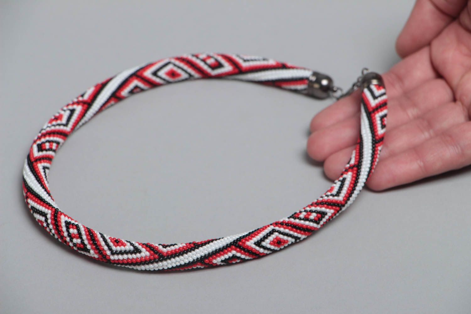 Handmade designer beaded cord necklace with ornament of vyshyvanka style photo 5