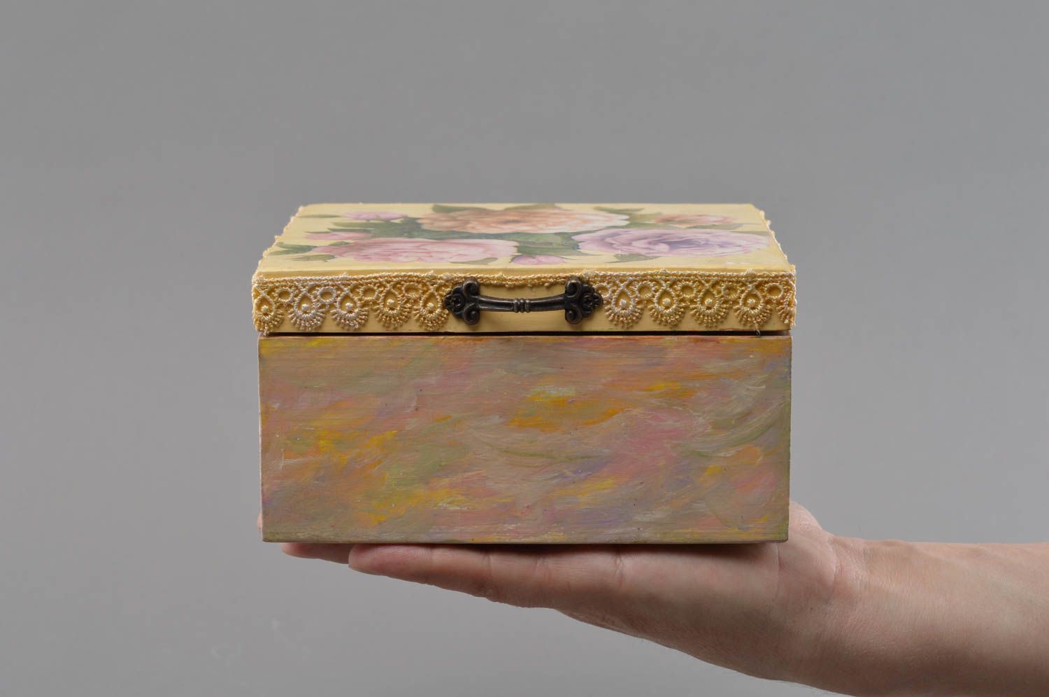 Boîte à thé compartimentée en bois à motif floral en serviettage faite main photo 4