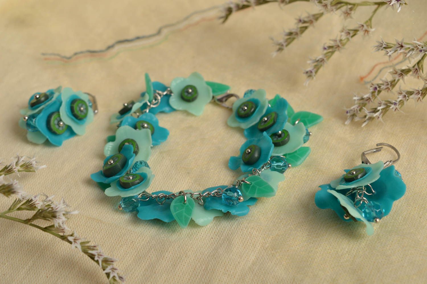 Parure Bijoux floraux bleus faits main bracelet boucles d'oreilles Cadeau femme photo 1