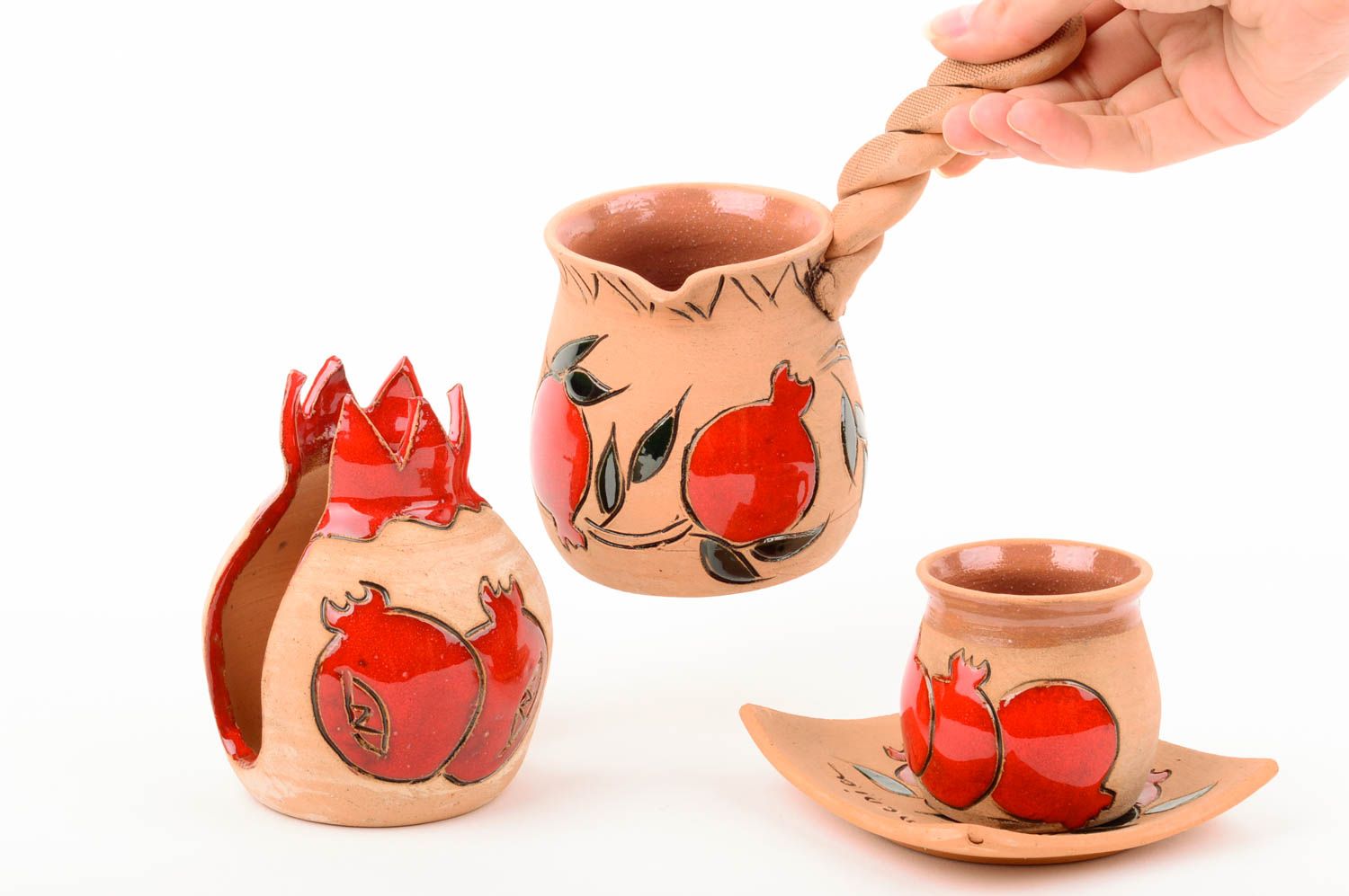 Handmade ceramic decorative set of coffee turk, coffee cup and napkin holder with garnet pattern photo 2