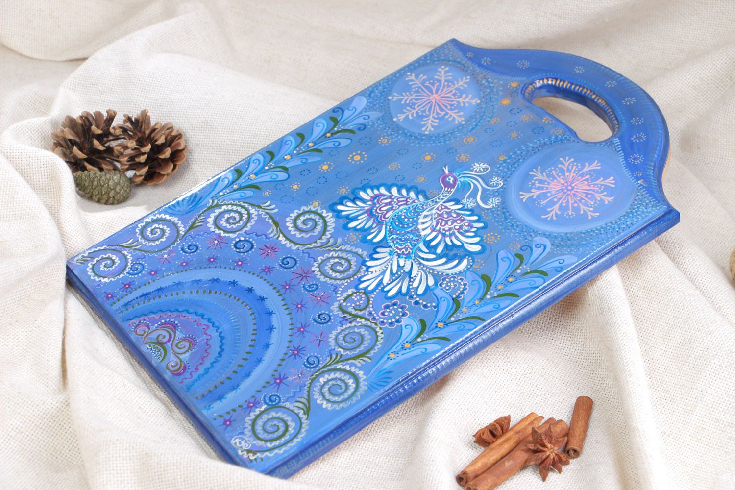Handmade beautiful painted blue wooden chopping board for wall decor photo 1