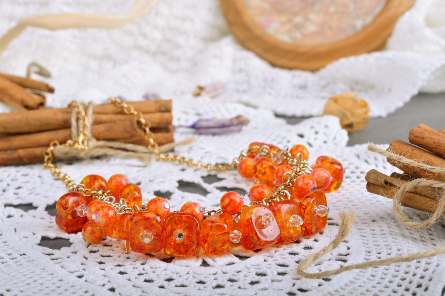 Handmade orange ceramic and citrine bead necklace with long chain photo 5