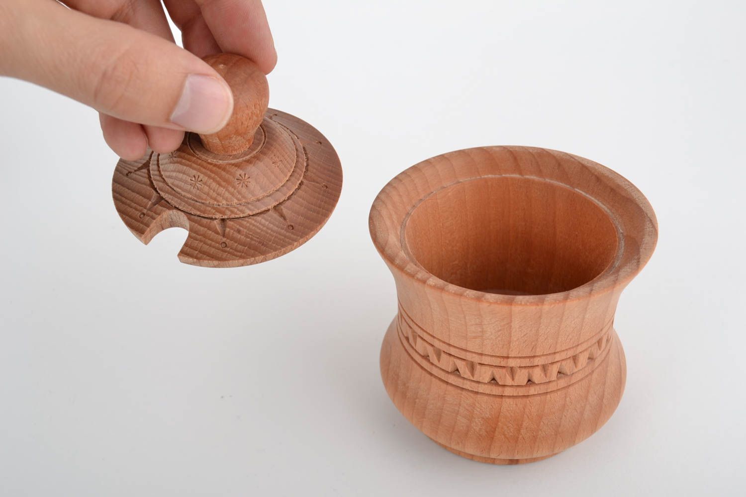 Handmade wooden carved pot with lid for sugar beautiful small bowl 200ml photo 2
