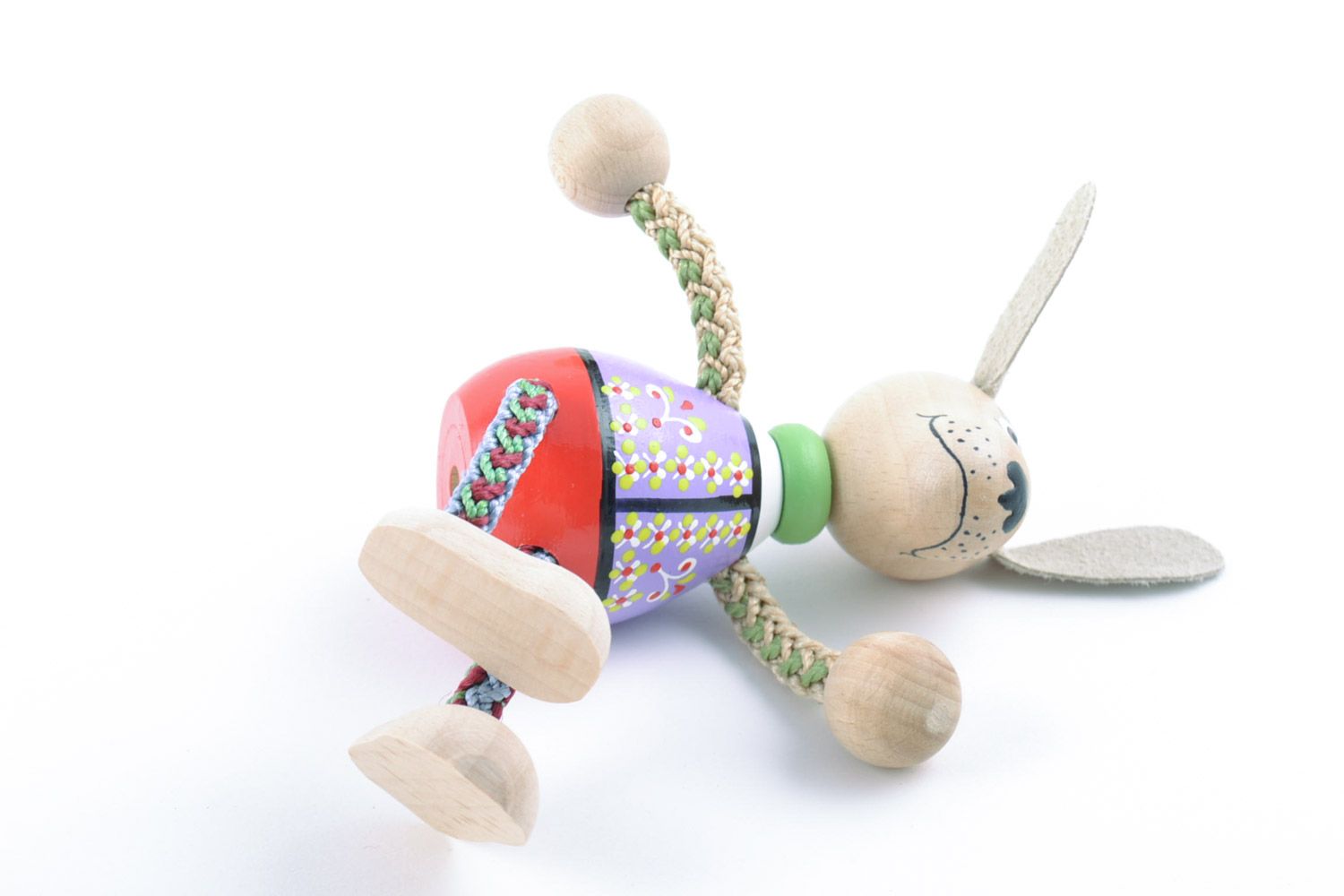 Cute small painted wooden eco toy dog with cord paws handmade for children photo 4