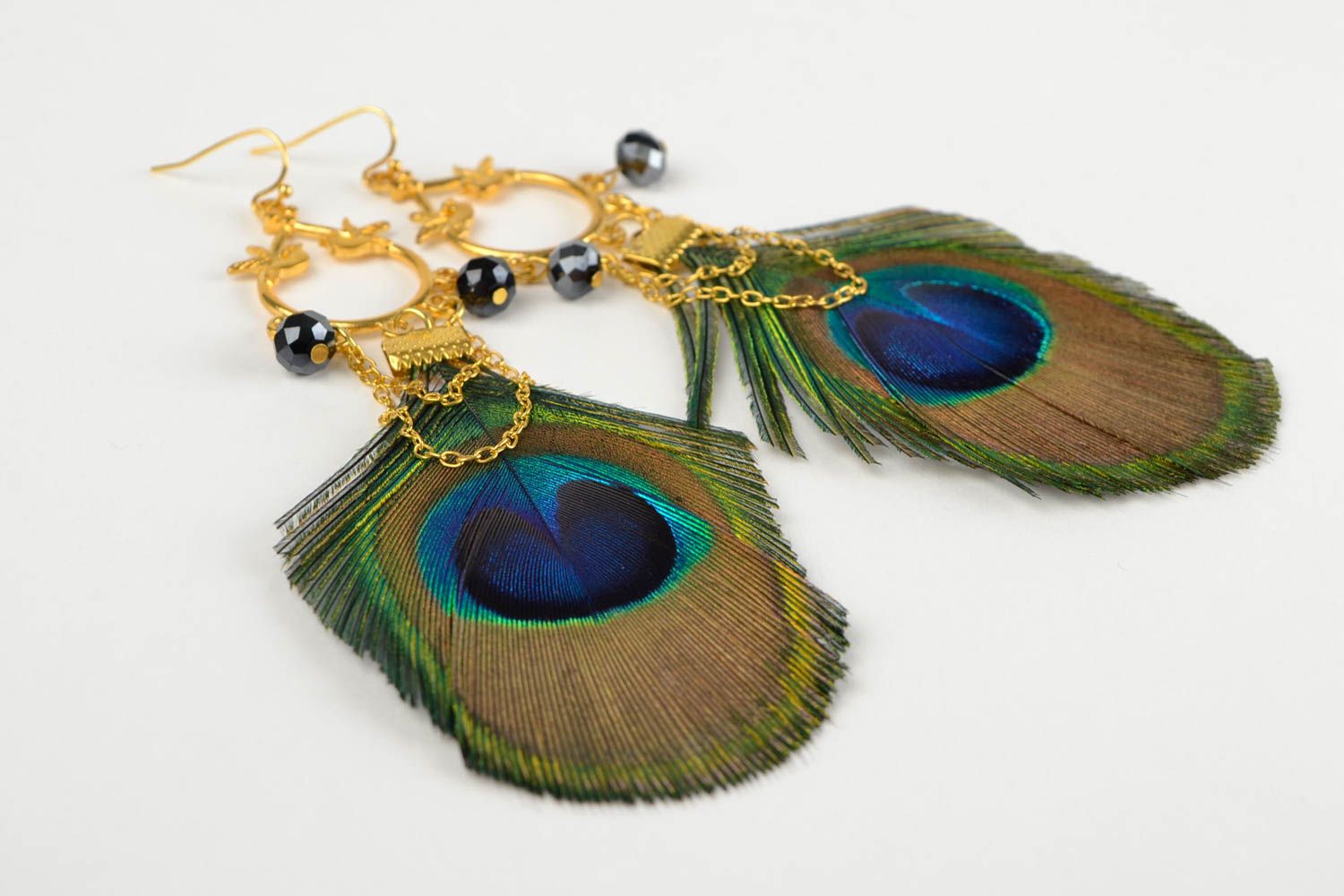 Handmade peacock feather earrings unique designer jewelry stylish present photo 4