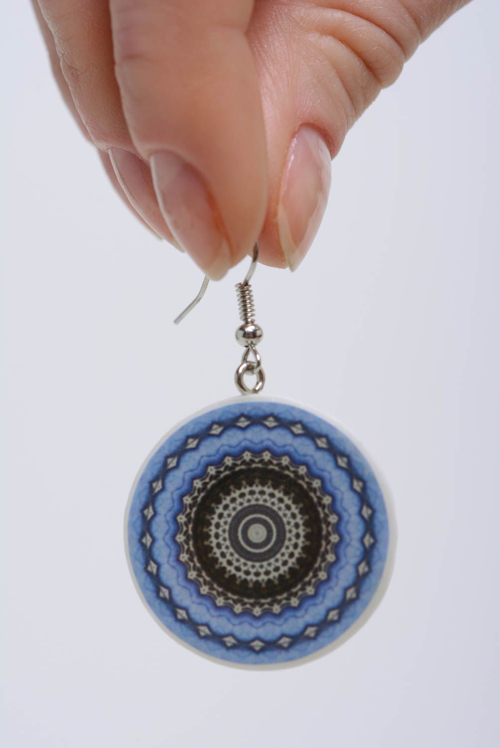 Handmade earrings made of polymer clay with ornaments lacquered blue ethnic photo 5