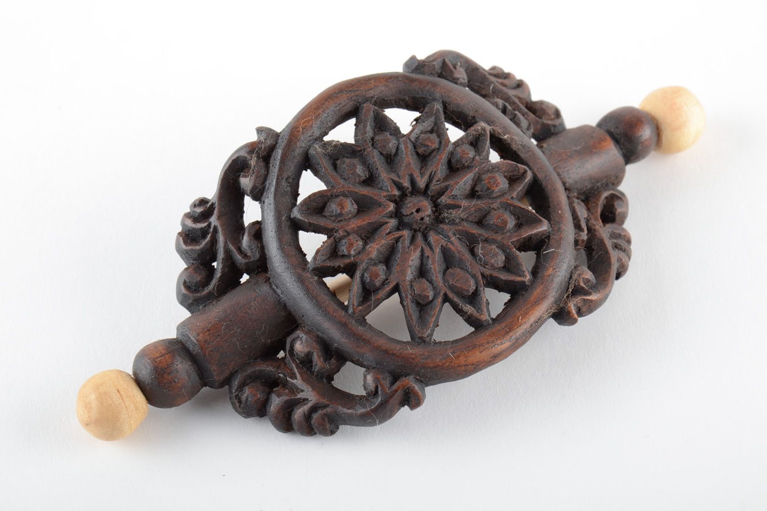 Handmade designer dark tinted wooden hair clip with carved ornament  photo 2