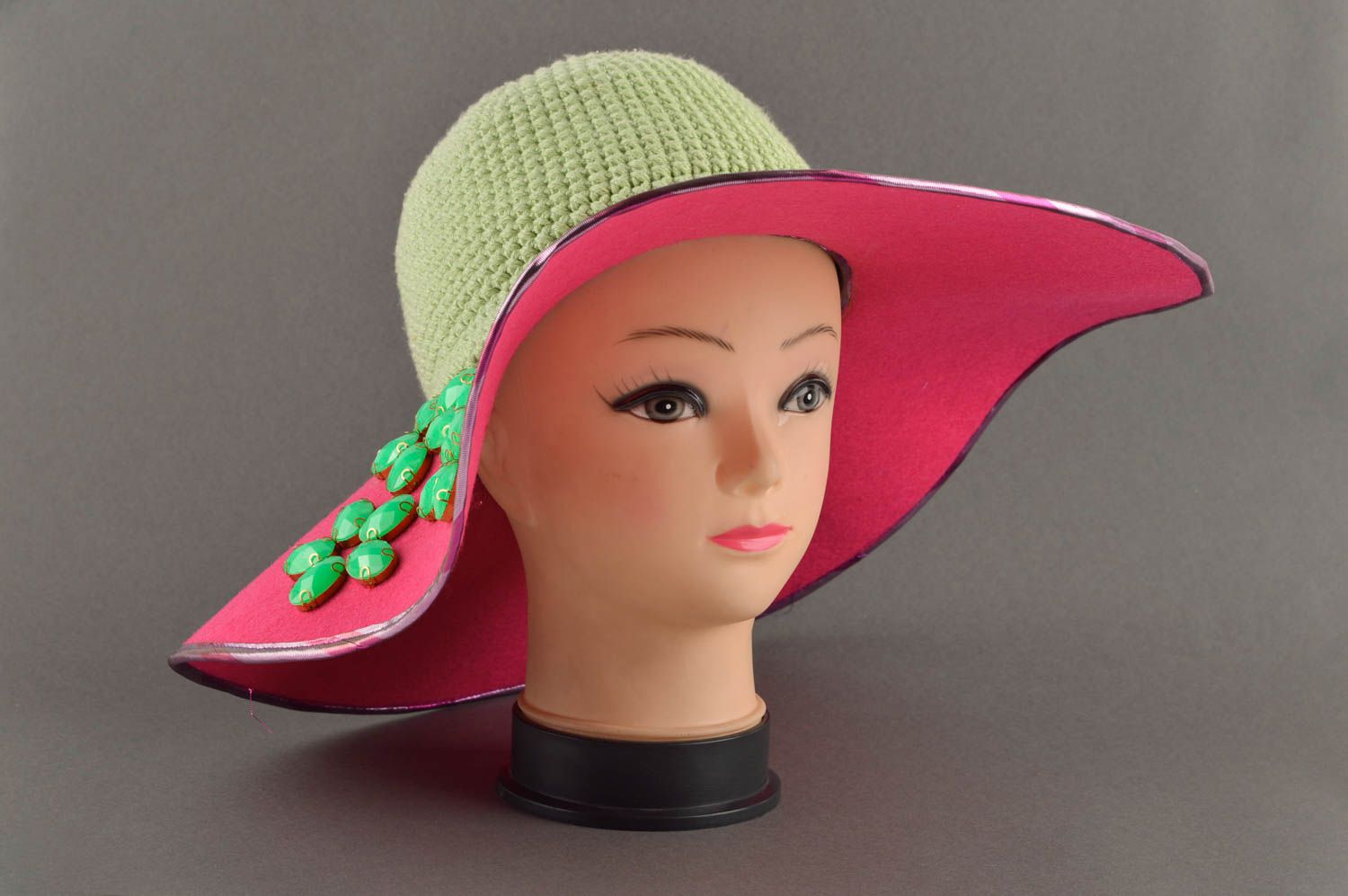 Вязаная шляпа ручной работы шляпа с полями головной убор розовый летний фото 1