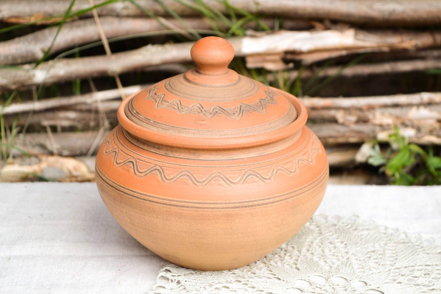 Keramik Topf handmade Ton Geschirr Topf mit Deckel Küchen Zubehör braun  foto 1
