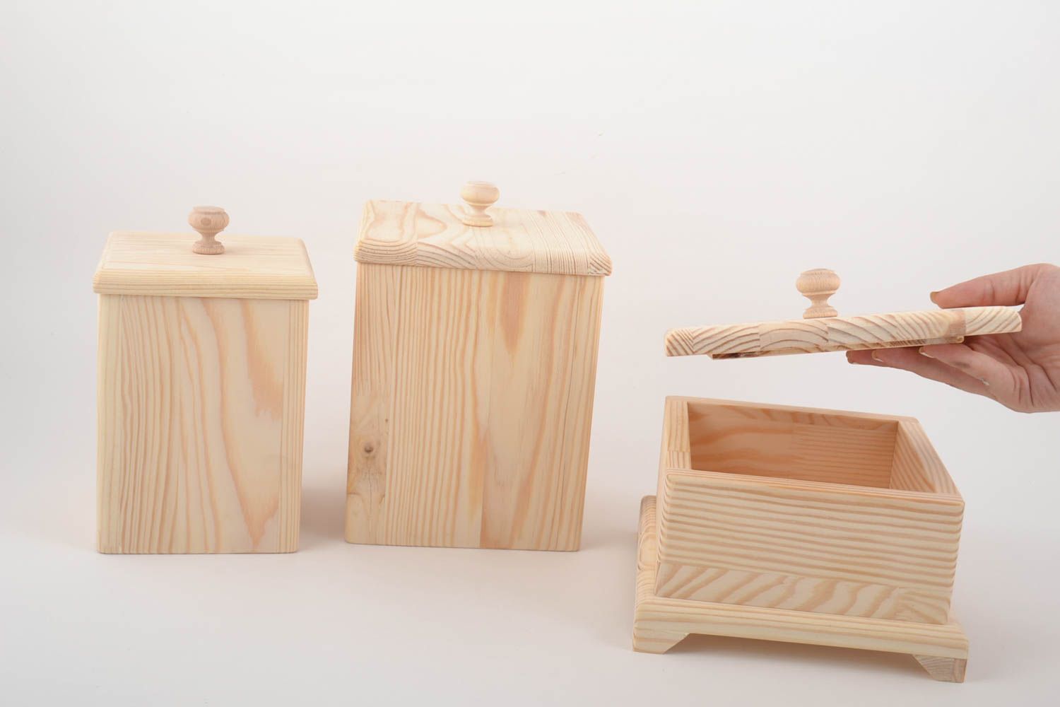 Künstlerische Holz Boxen Set 3 Stück handmade Rohlinge zum Bemalen mit Deckeln foto 2