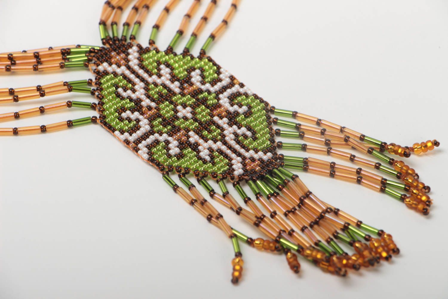 Массивный гердан из бисера украшение ручной работы коричневый с зеленым  фото 3