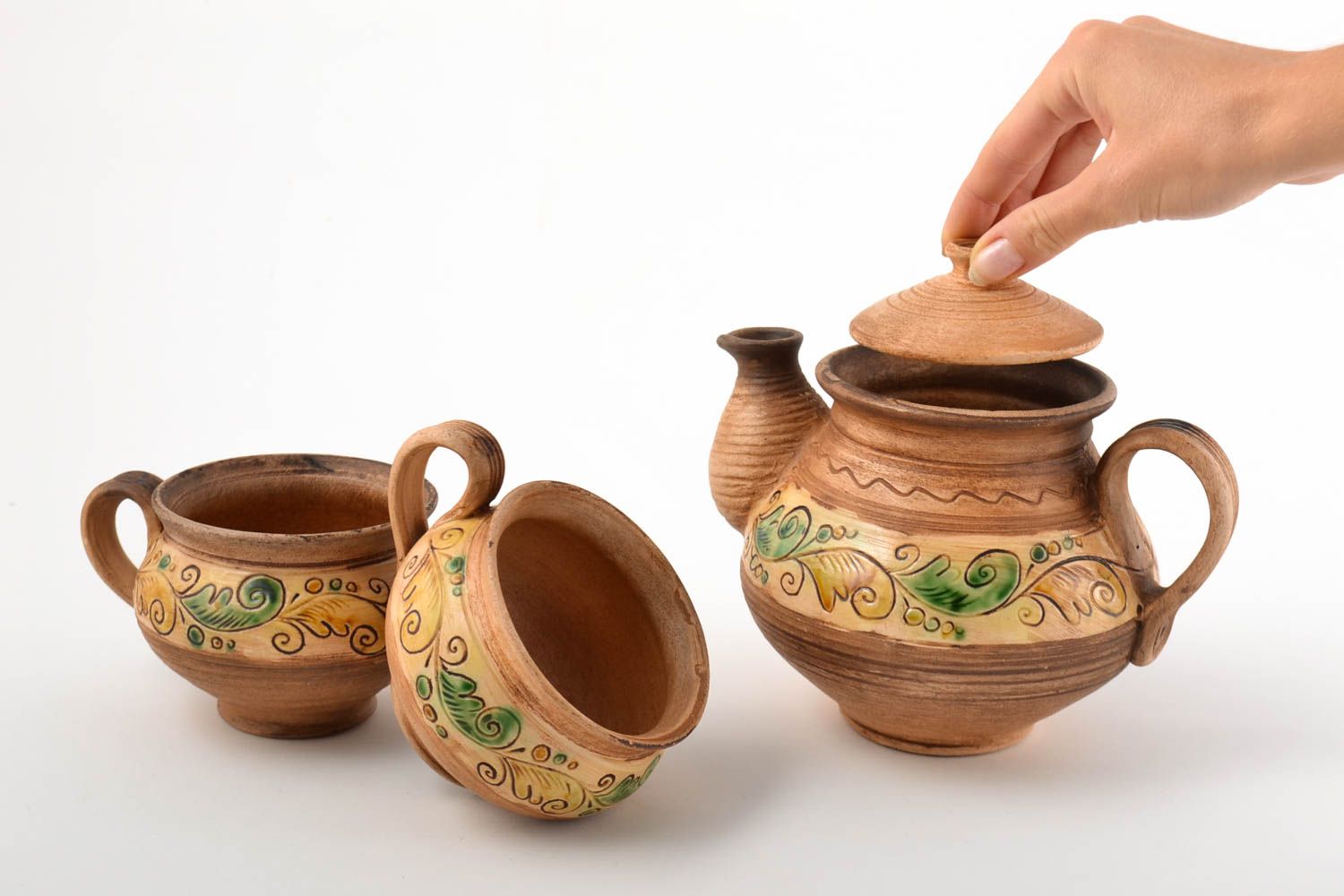 Заварной чайник ручной работы две глиняные чашки керамическая посуда набор  фото 5
