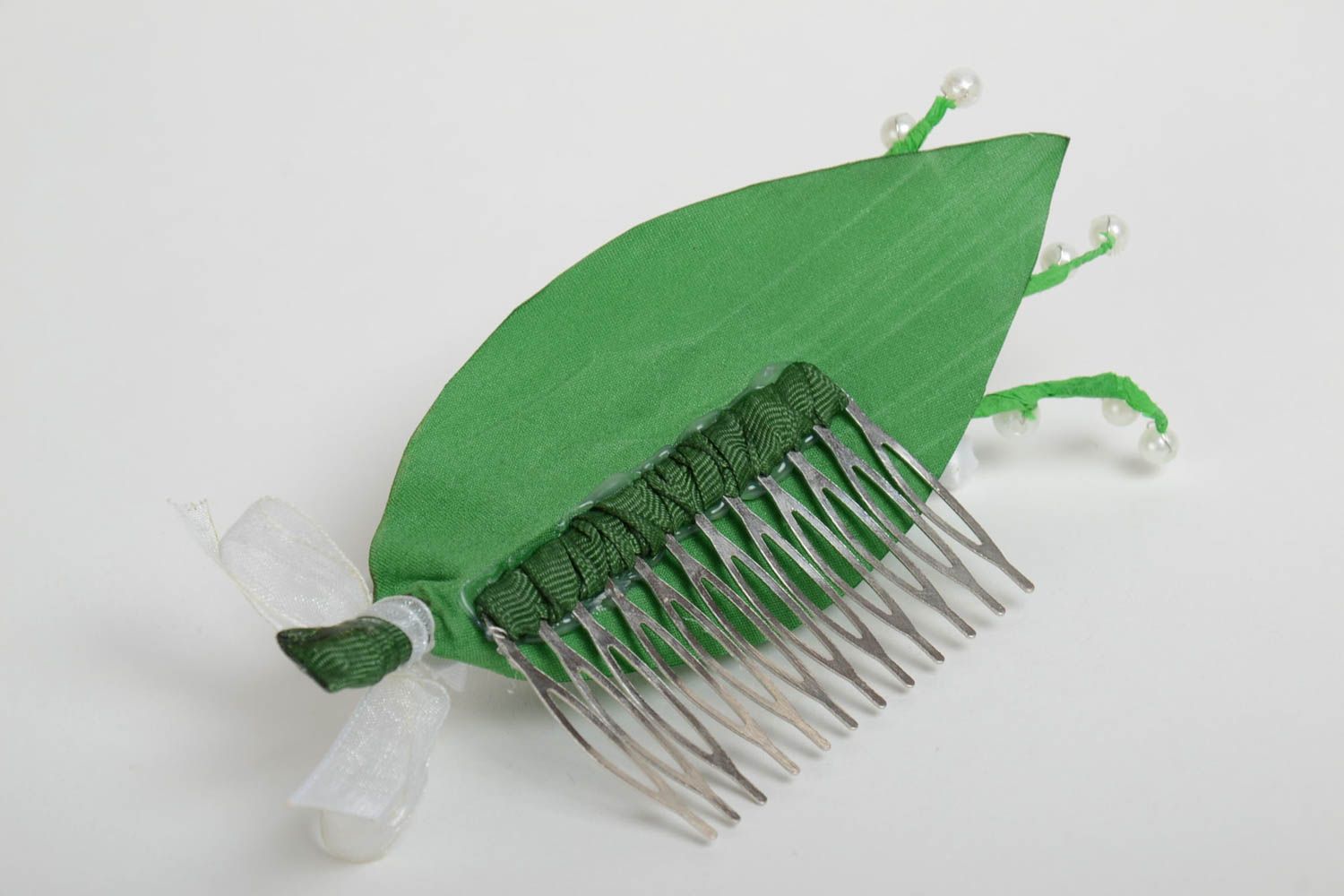 Handmade designer hair comb with metal basis and satin snowdrop flowers photo 4
