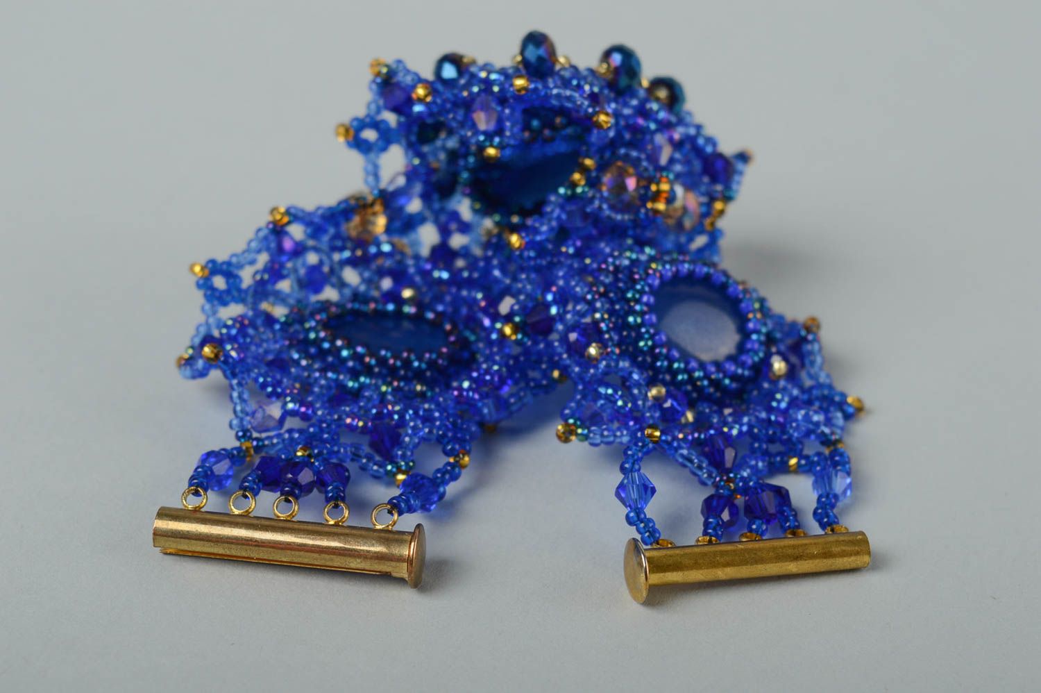 Bracelet perles rocaille Bijou fait main bleu cristal cabochon Accessoire femme photo 3