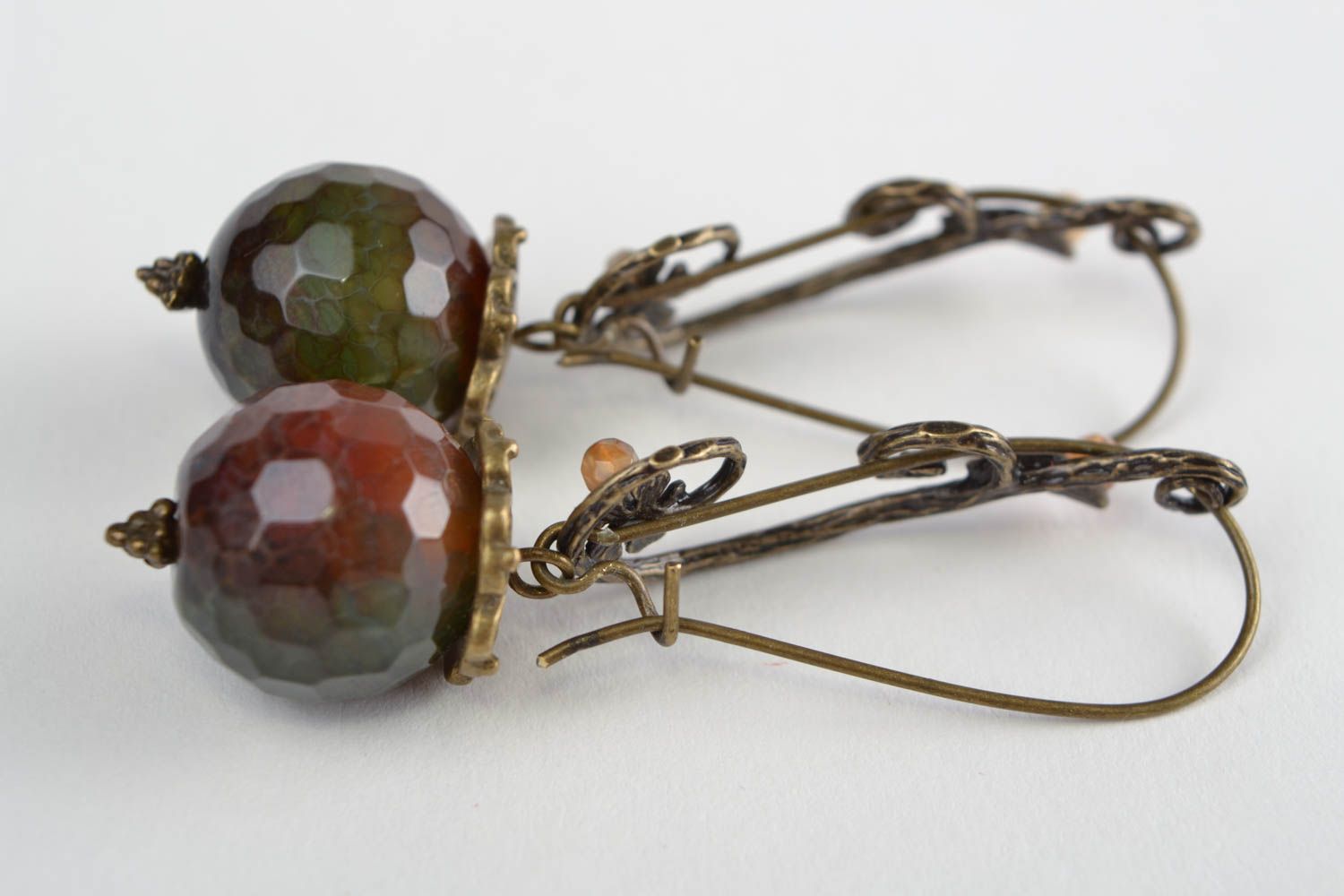 Handmade dangling earrings with fancy metal fittings and snake agate stone beads photo 5
