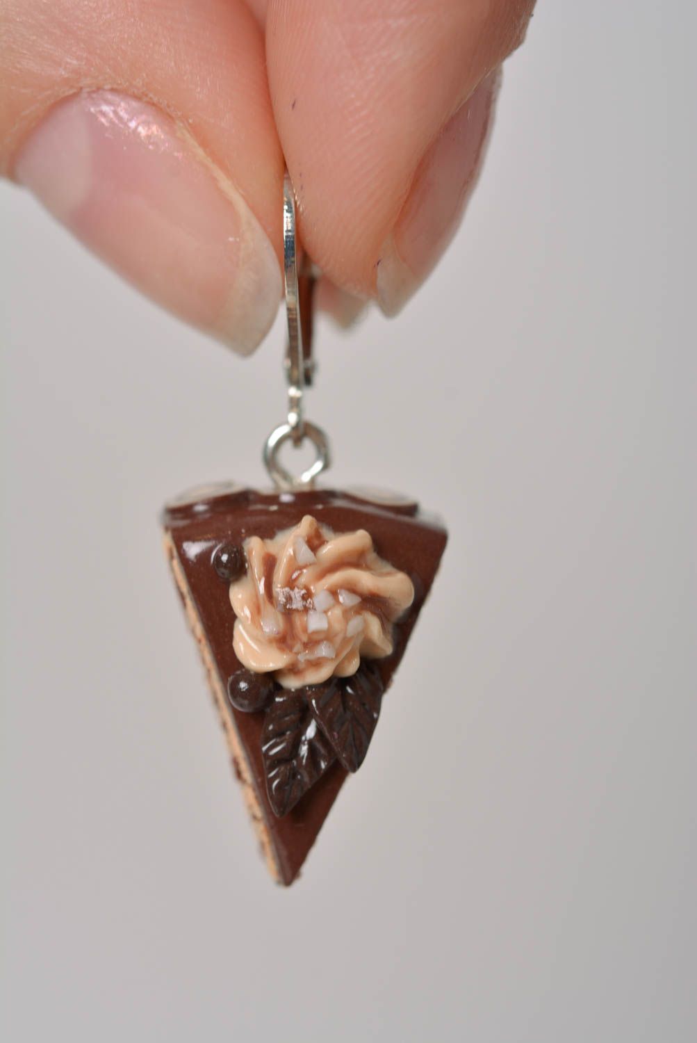 Handmade polymer clay dangle earrings in the shape of pieces of chocolate cakes photo 3