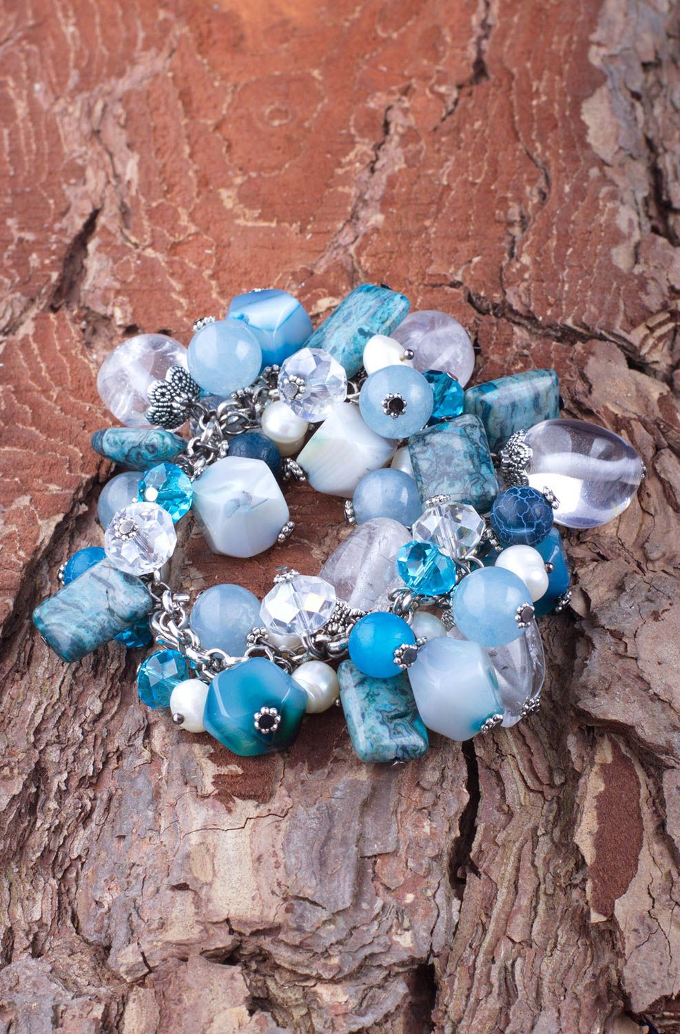 Handmade transparent and blue stone beads bracelet on-chain for her photo 1