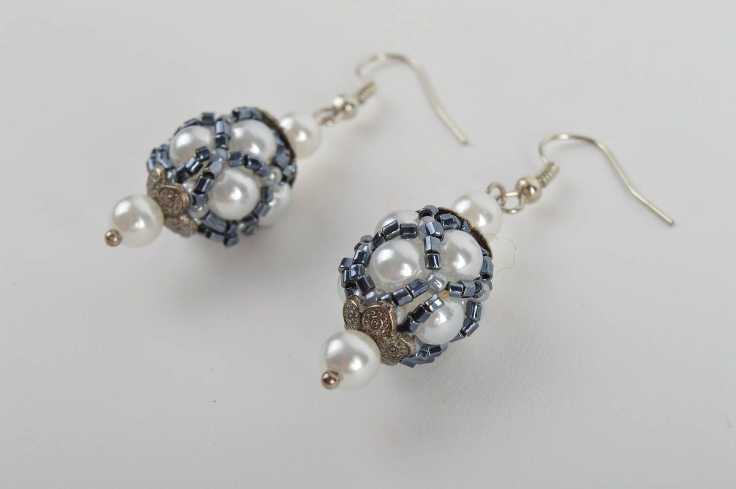 Handmade designer dangle earrings with faux pearls and blue beads photo 3