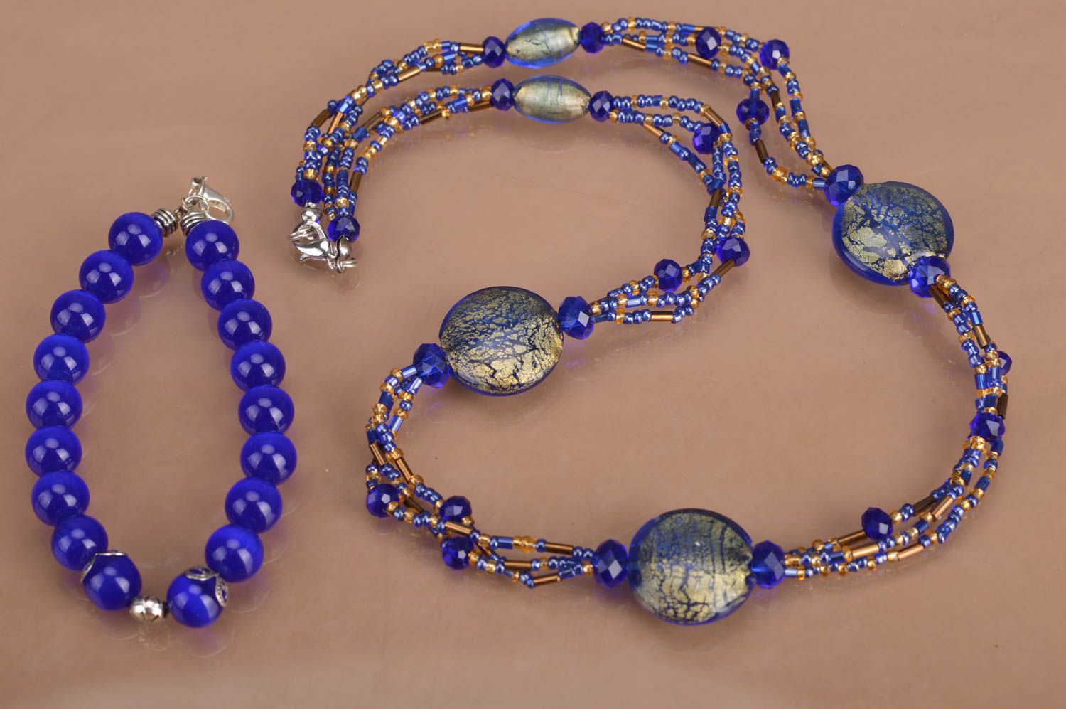 Handmade blue and golden beaded jewelry set wrist bracelet and long necklace photo 5